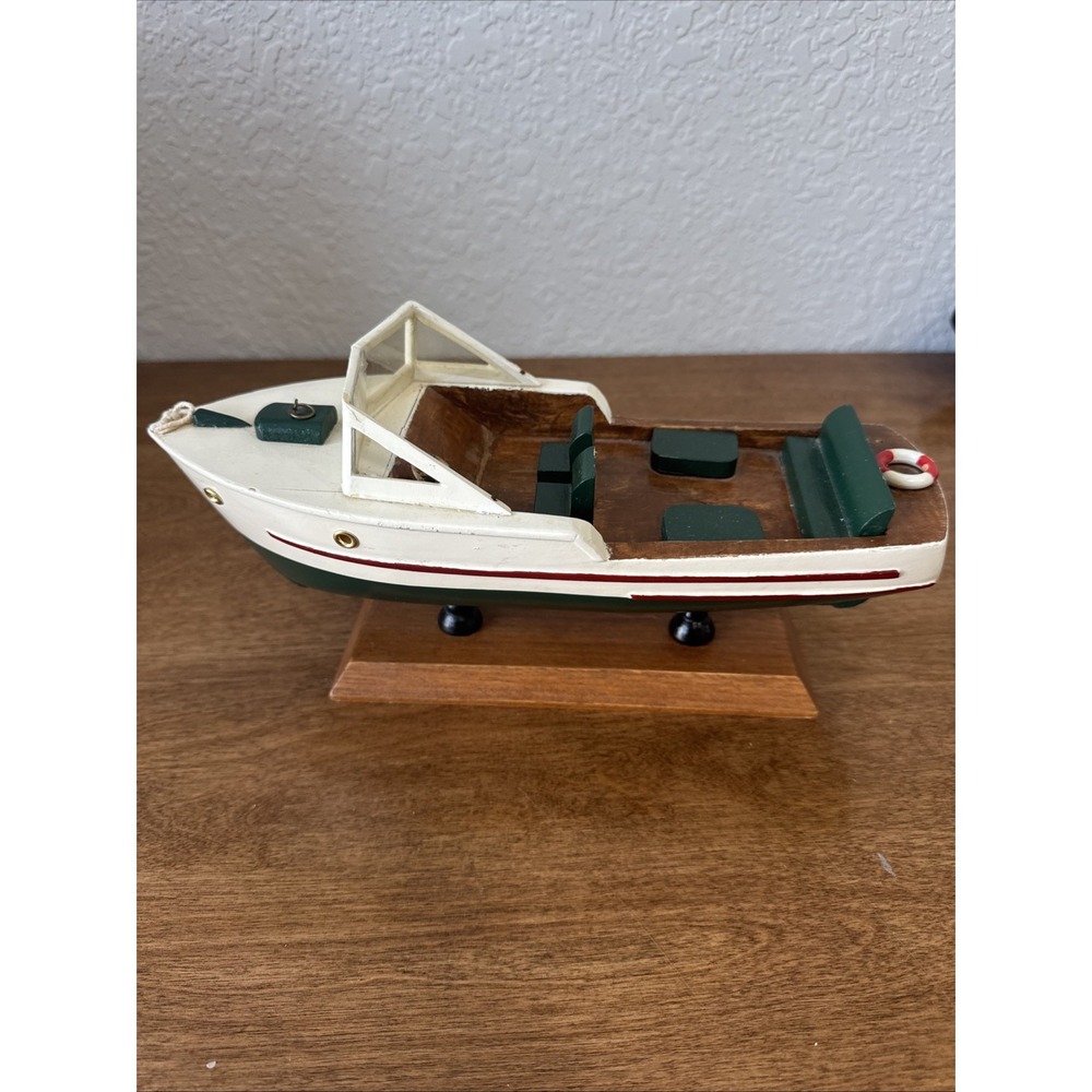 Vintage Wooden Model Speed Boat With Display